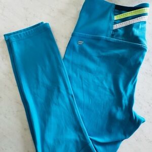 Fabletics Turquoise Leggings with Lime & White Waistband Accents